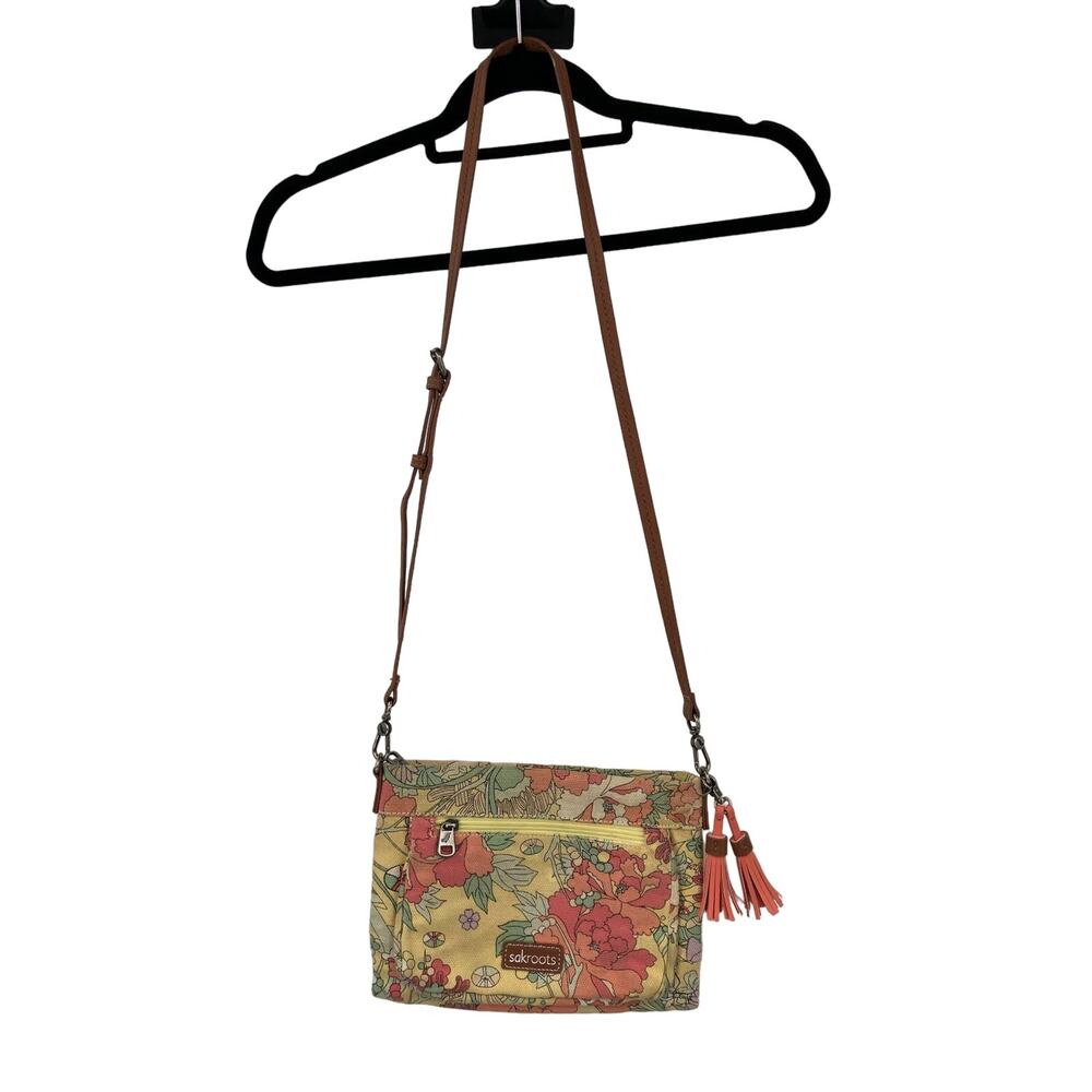 Sakroots Yellow Floral Tassel Adjustable Strap Camden Small Crossbody Bag Purse